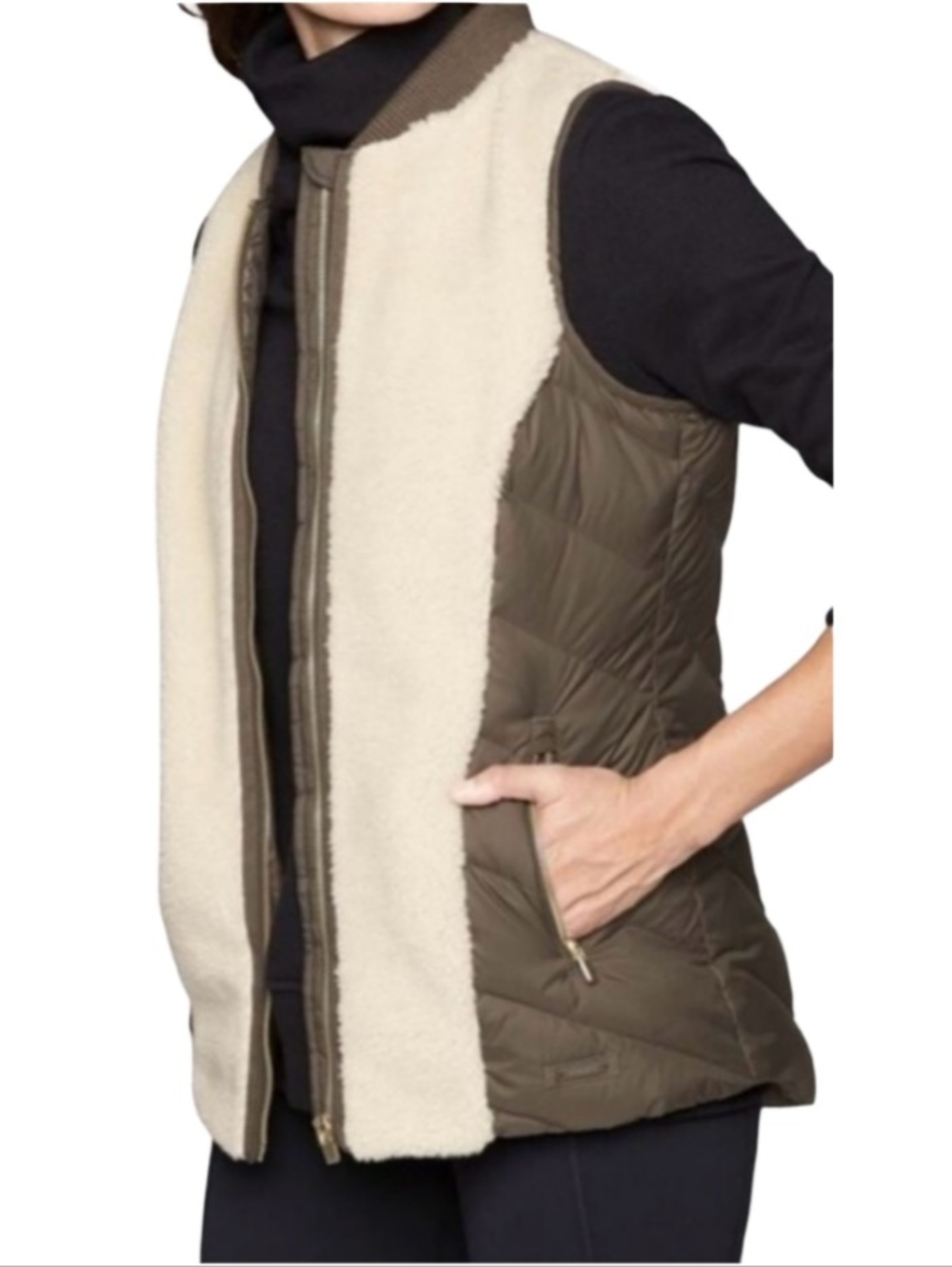 Athleta Womens Dark Oasis Green Sherpa Water Resistant Goose Down Vest Size XS